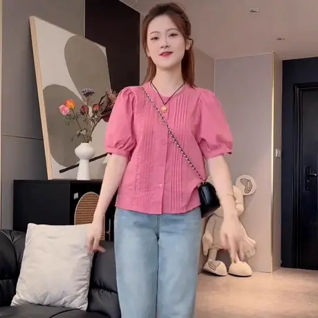 2025夏季新款法式温柔风日常压褶蕾丝花边圆领短袖小衫小个子上衣图片