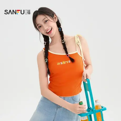 三福背心2025夏季撞色串珠绑带木耳边刺绣吊带女装504236图片