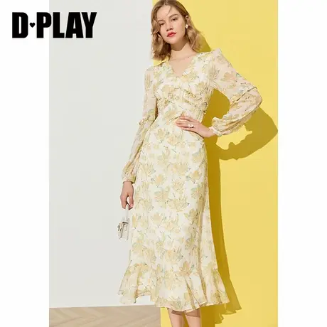 DPLAY夏新款法式复古V领甜美荷叶边长款度假风印花连衣裙商品大图