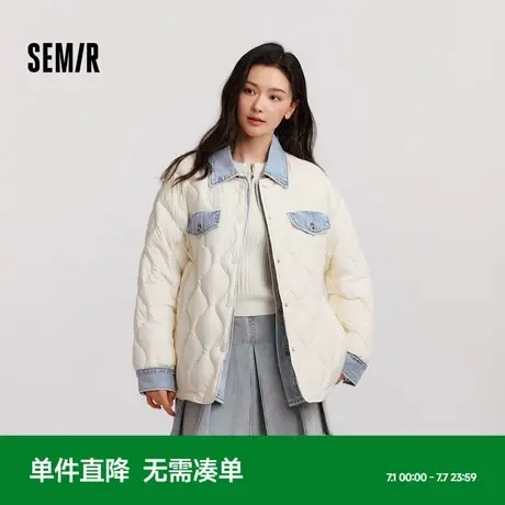 [商场同款]森马羽绒服女中长款防水拼接2024新款冬抗静电宽松外套商品大图