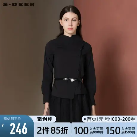 sdeer圣迪奥2021冬季新品立领堆叠不规则黑色长袖衬衫女S21460510🆙商品大图