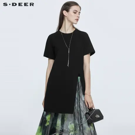sdeer圣迪奥夏休闲圆领基本款开衩黑色短袖T恤S21260154图片
