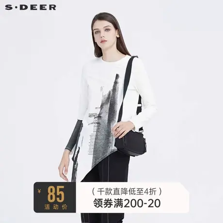 sdeer圣迪奥套头圆领水墨印花字母不规则长袖打底T恤女S20480215图片