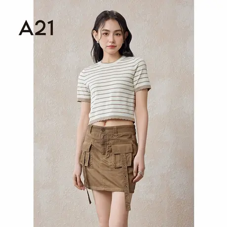 A21女装梭织高腰直筒短裙夏季日系设计感工装复古做旧牛仔A字裙商品大图