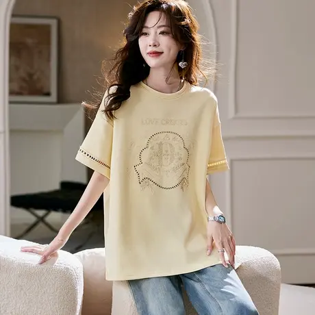 宝诗黎圆领字母刺绣短袖T恤2025夏季韩版时尚简约宽松棉质上衣女图片