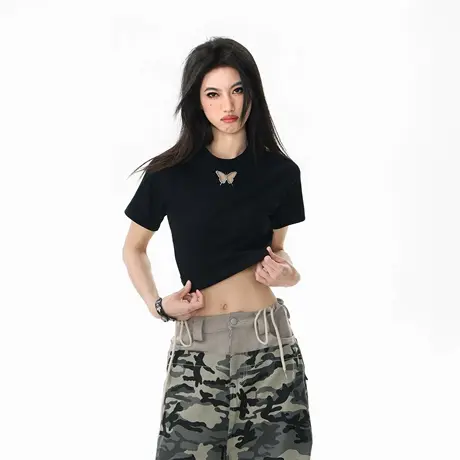 2025新款美式潮牌薄款露背短袖T恤女夏季辣妹风修身短款半袖上衣图片