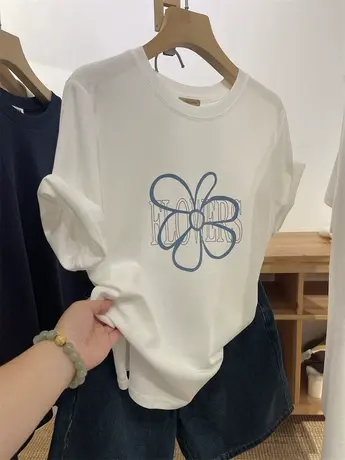 INS博主感大花朵t~简约好质感宽松圆领字母短袖T恤女百搭上衣潮夏商品大图
