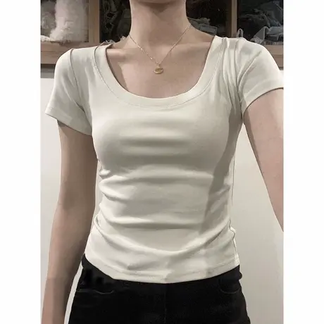 U领露锁骨短袖T恤女夏季2025新款韩版洋气时髦修身短款正肩上衣服商品大图