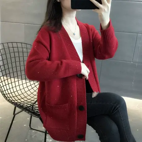 2025年春装新款欧货红色闪亮珠片开衫女针织衫中长款毛衣外套女商品大图