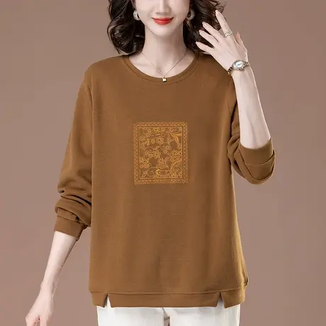 妈妈圆领卫衣春秋宽松加肥加大码女装中老年遮肚休闲刺绣长袖上衣商品大图