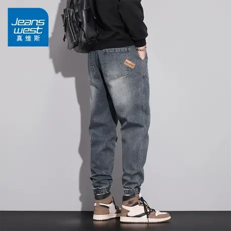 KZ真维斯束脚工装牛仔裤男士哈伦宽松紧抽绳男裤子春秋季2025新款商品大图