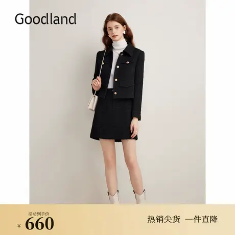 Goodland美地秋季经典小香风细闪肌理感正肩短外套图片