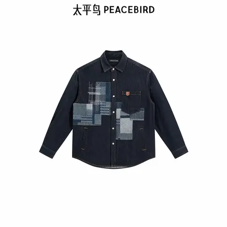 【商场同款】太平鸟男装 潮流刺绣拼接长袖牛仔衬衫男B2CHF1113商品大图