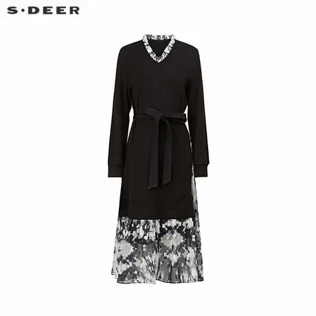 sdeer圣迪奥女装木耳边圆领收腰印花连衣裙S244Z1285商品大图
