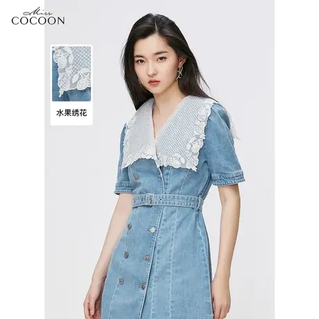 miss COCOON短袖牛仔连衣裙女夏2023新款蕾丝拼接海军领a字衬衫裙图片