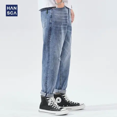 汉斯卡浅蓝色牛仔裤男宽松直筒春秋新款破洞九分休闲裤男潮牌痞帅商品大图