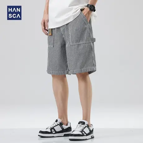 hansca日系竖条纹牛仔短裤男夏季新款宽松直筒宽松大码痞帅五分裤商品大图