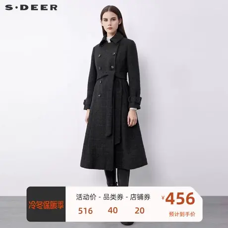 sdeer圣迪奥女装时尚翻领双排扣收腰格纹毛呢大衣S21481815🕴商品大图