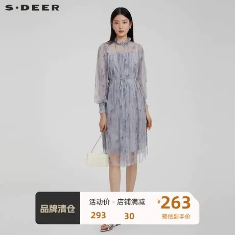 S·DEER圣迪奥女装木耳边圆领碎花收腰网纱连衣裙S223Z129L图片