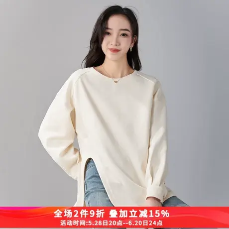 娅丽达洋气小众设计休闲长袖卫衣女2025春季新款宽松开叉圆领T恤图片