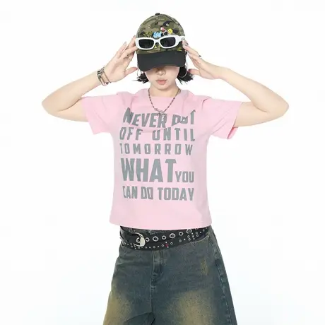 2025夏季新款正肩修身显瘦短款印花短袖T恤女ins甜酷辣妹风上衣潮图片