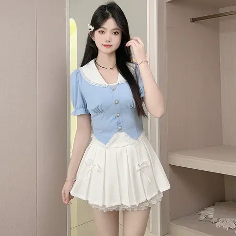乡美媚2025新款法式套装裙女夏季学院风泡泡袖上衣高腰蛋糕短裙图片