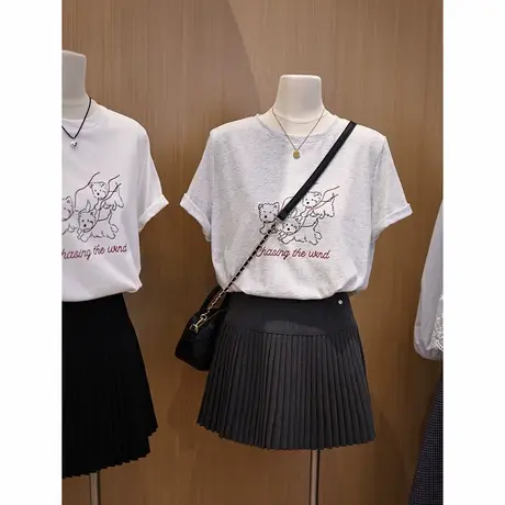 线条小狗休闲圆领正肩宽松显瘦短袖t恤上衣女士小个子设计感韩系商品大图