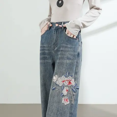 国风刺绣莱赛尔天丝阔腿牛仔裤女夏季薄款高腰垂感显瘦直筒拖地裤商品大图