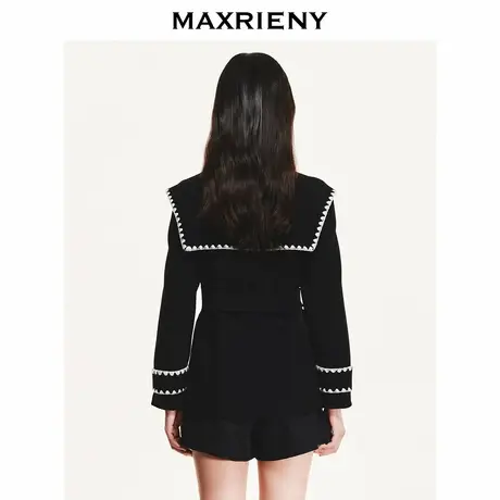【奥莱】MAXRIENY海军风大翻领收腰大衣冬装撞色复古风衣外套女商品大图