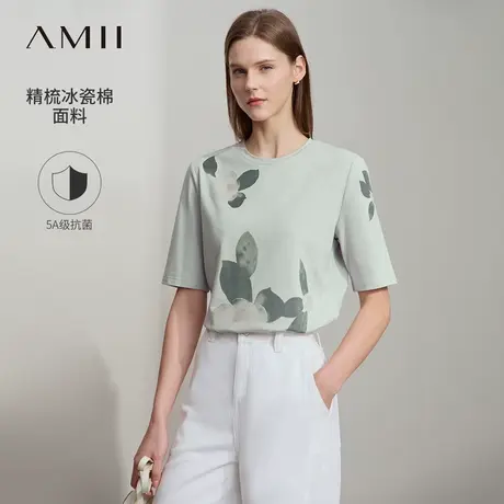 Amii2025夏新款圆领花朵印花5A级抗菌短袖T恤女休闲弹力上衣商品大图