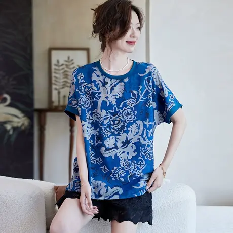 宝诗黎【新品价158元】圆领蝙蝠袖印花雪纺衫HHI2139图片