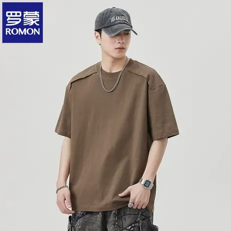 罗蒙男士简约圆领短袖T恤衫2025夏季新款宽松纯棉百搭拼接上衣N1Z图片