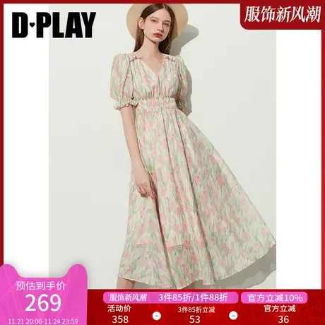 DPLAY春季法式海边度假连衣裙仙女裙印花裙V领泡泡袖连衣裙女商品大图