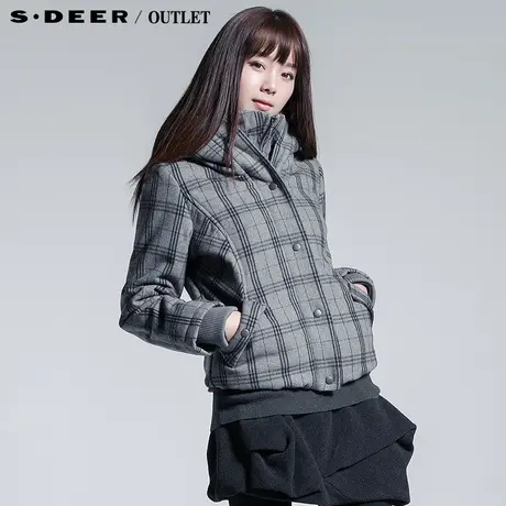 圣迪奥sdeer 女装冬装灰格短款棉服外套加厚毛呢羊毛棉衣2882395图片