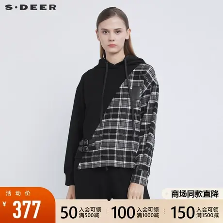 sdeer圣迪奥2021冬新品抽绳连帽格纹拼接不规则卫衣外套S21482220图片
