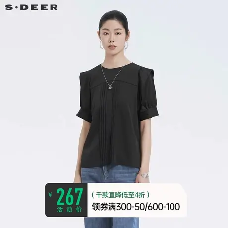 sdeer圣迪奥黑色衬衫夏装复古设计感风琴褶拼接上衣女S22260414图片