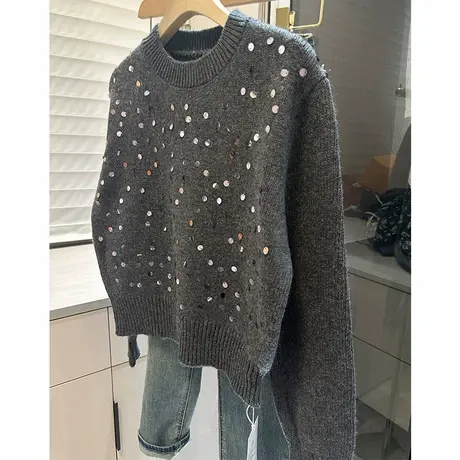 亮片圆领套头毛衣女内搭长袖女装针织衫洋气上衣潮商品大图