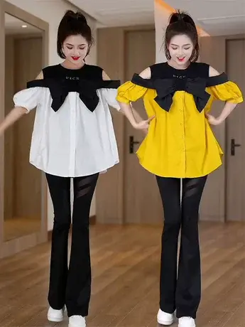 夏季减龄蝴蝶结露肩拼接衬衫时尚宽松T恤女+露肉时尚芭比裤套装潮图片