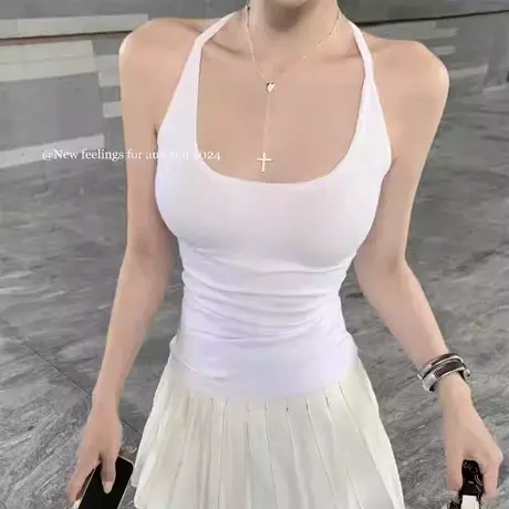 美式甜辣小吊带带胸垫背心女夏外穿美背螺纹内搭打底无袖挂脖上衣商品大图