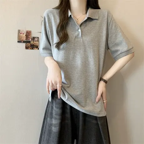 POLO领短袖T恤女宽松夏装2025新款开叉下摆打底衫半袖上衣服潮ins商品大图