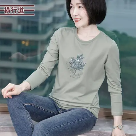 枫叶珠片刺绣宽松长袖T恤纯色打底衫外穿小衫2025春装新款女上衣图片