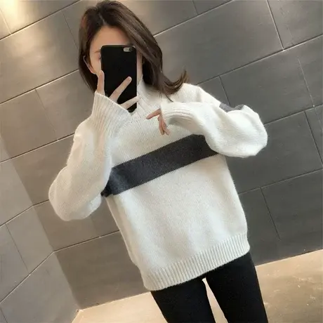 2024秋冬新款时尚条纹撞色高领侧边纽扣加厚毛衣百搭针织毛衣女商品大图