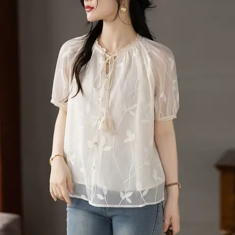女士雪纺衬衫短袖夏季新款加大码女装宽松法式系带高级感小衫上衣图片