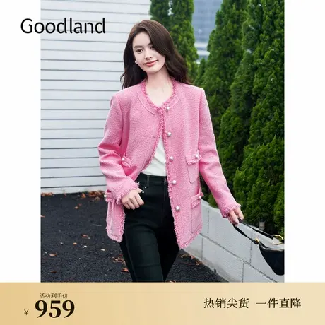 Goodland美地秋季小香风流苏花边玫红休闲短外套图片