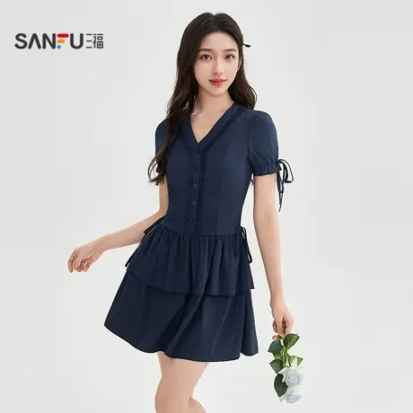 三福连衣裙2025夏季甜美V领绑带蝴蝶结收腰裙子女装506766图片