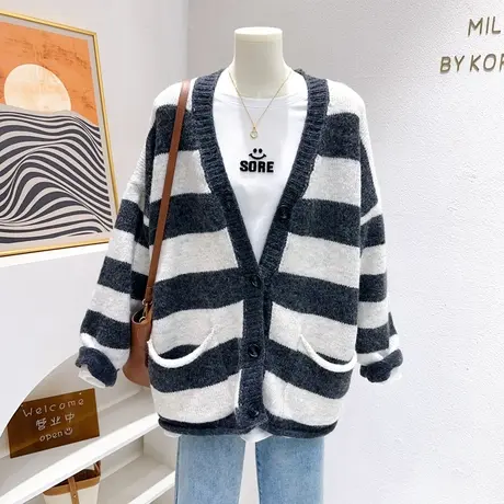 2023秋冬韩代同款软糯慵懒加厚简约条纹针织开衫外套毛衣宽松休闲图片