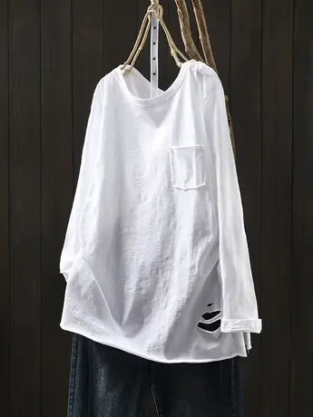 破洞竹节棉长袖t恤女宽松显瘦2024秋装休闲百搭圆领口袋打底上衣商品大图