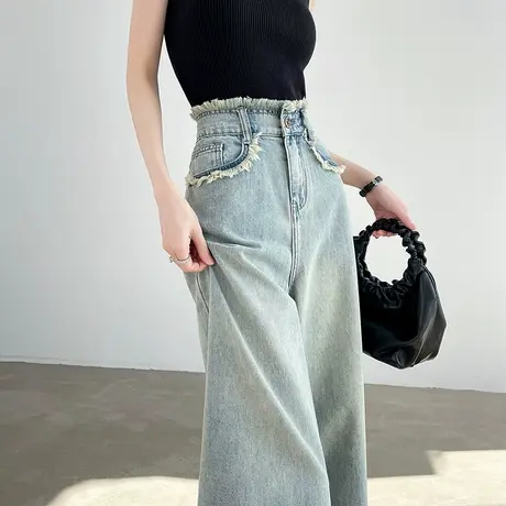 蓝色复古九分毛边直筒牛仔裤女夏季高腰显瘦宽松八分小个子阔腿裤商品大图