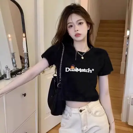 甜辣风夏季短款短袖t恤女2025修身高腰黑色甜辣网红ins百搭潮上衣商品大图