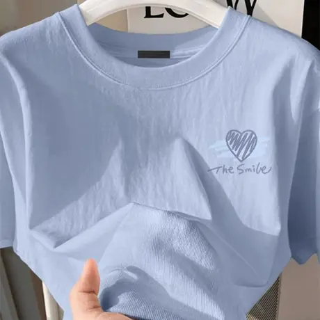 欧货短袖t恤女夏季宽松显瘦体恤衫时尚洋气蓝色正肩百搭半袖上衣商品大图